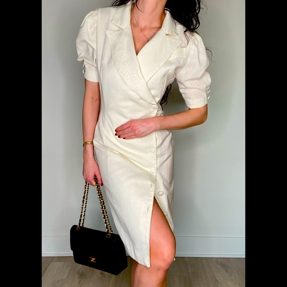 VINTAGE 80’s button down cream/Vanilla colour linen new condition Size 4 dress - Picture 8 of 14